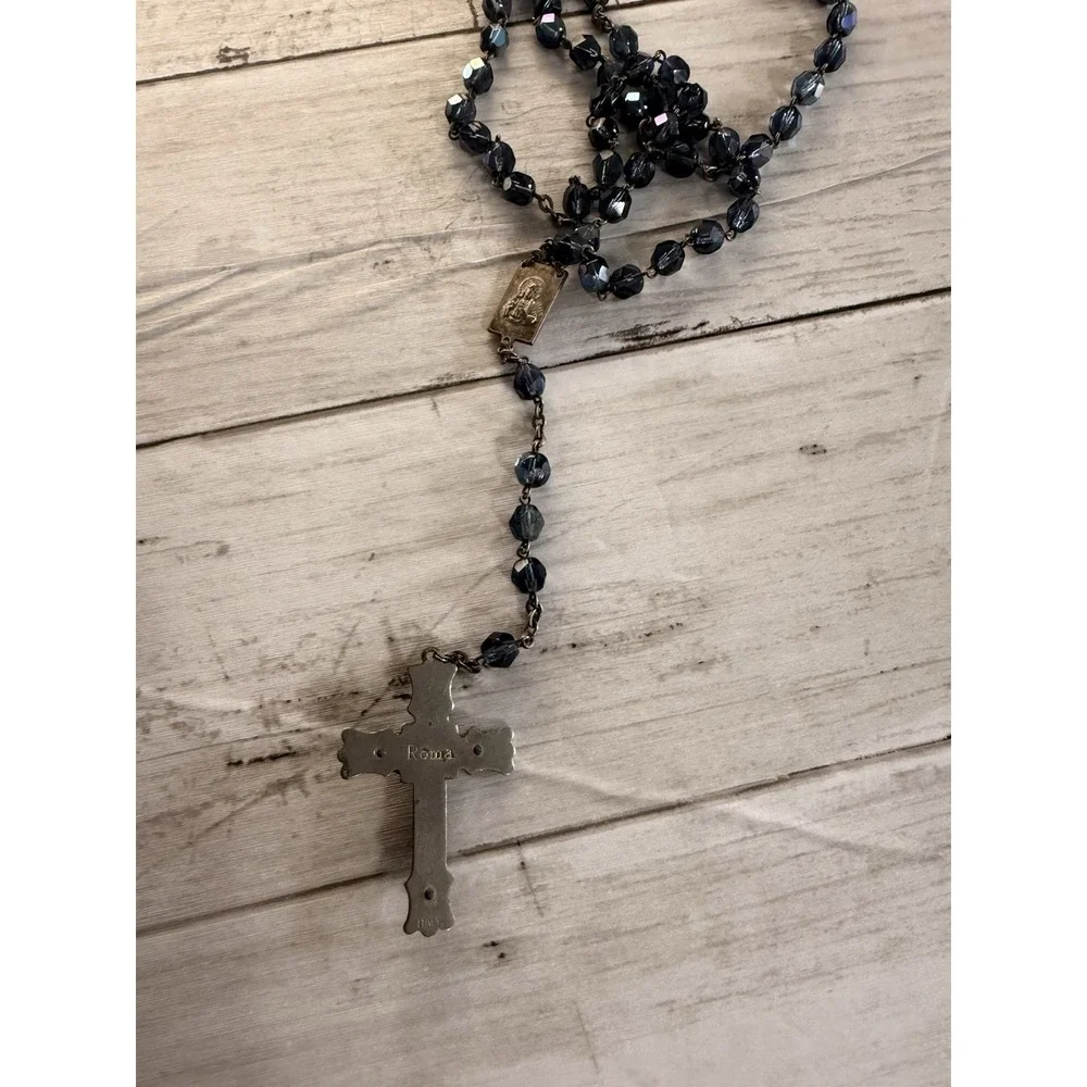 A vintage blue glass bead rosary with a silver-toned metal crucifix and medal. - Picture 8 of 10